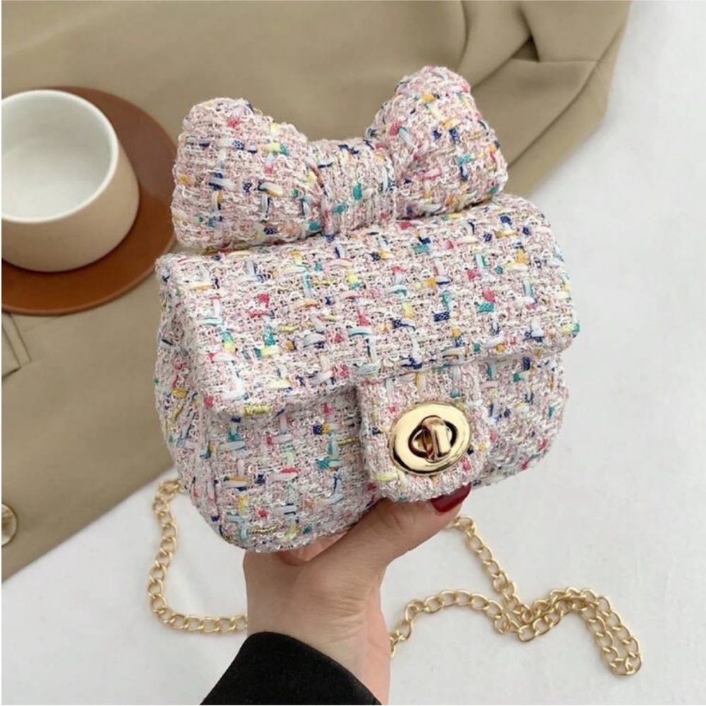 Chic Pink & Rainbow Multi Tweed Mini Flap Crossbody Bag w Top Bow OS New - Picture 1 of 6